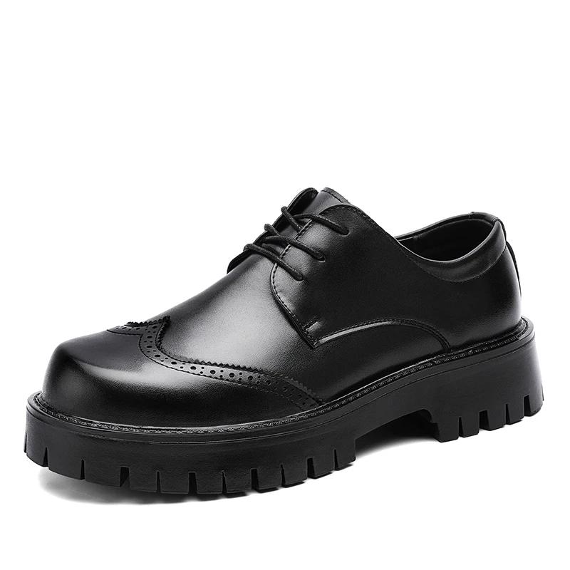 Italian Thick Bottom Men Casual Leather Shoes Outdoor Antiskid Classic Work Round Toe Tooling Shoes Lace-Up Casual Oxford Shoes