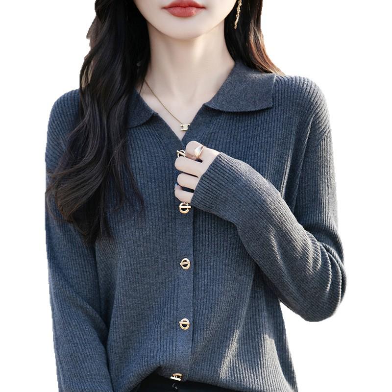 Solid Color Women's Polo Collar Knit Cardigan - Chic Fashionable Outerwear for Spring/Summer/Autumn 2026.