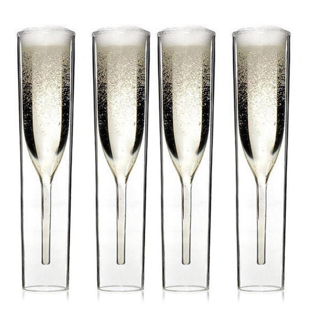 2/4/6 Pcs Double Wall Champagne Flutes Mouth-Blown Reusable Glass Best Gift For Parties Weddings Celebrations