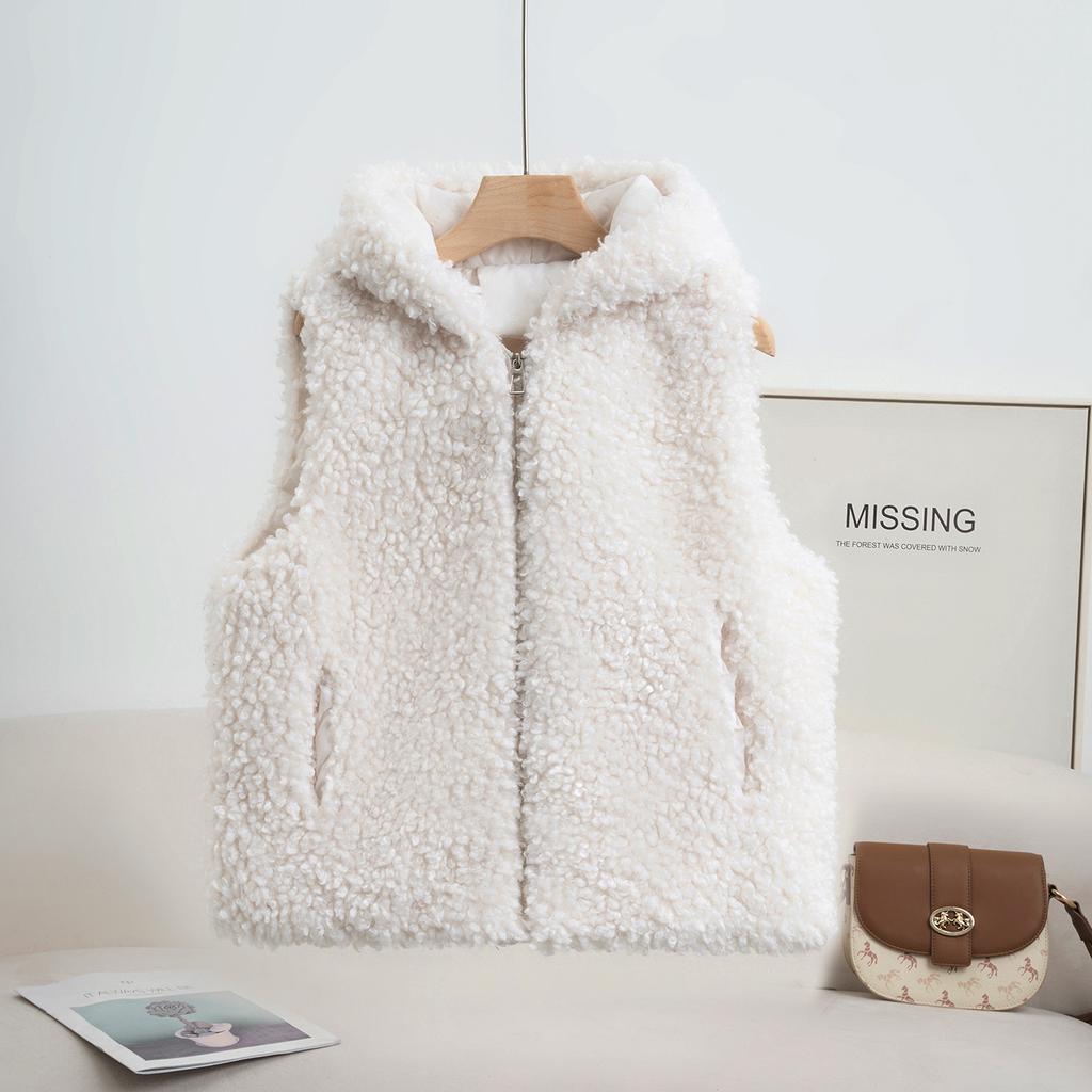 Retro Coffee Imitation Lamb Wool Hooded Granular Plush Vest Jacket Women's Autumn and Winter New Fashion Warm Top