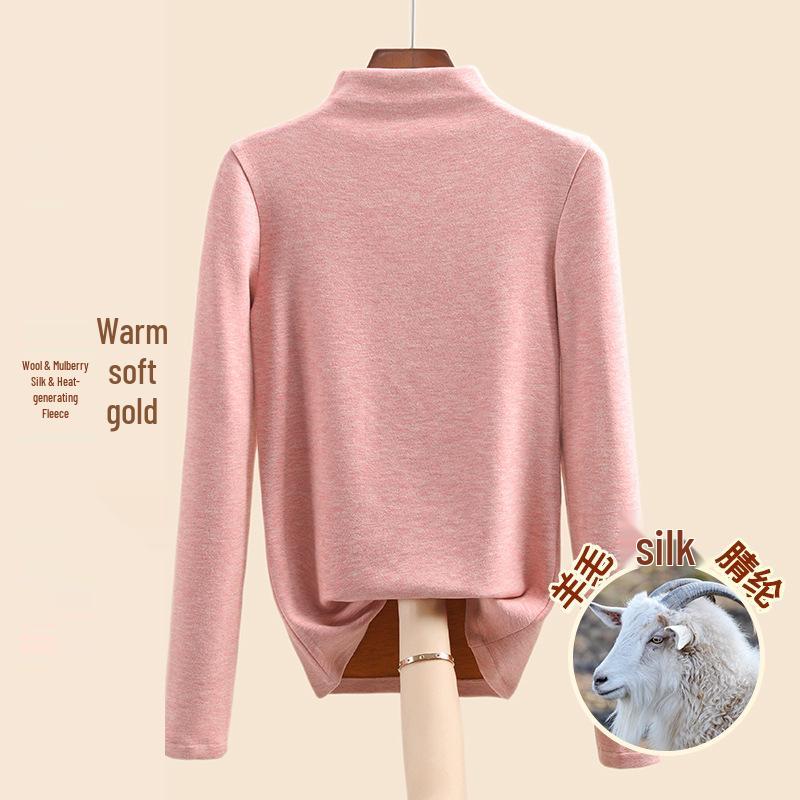 Women's Mulberry Silk Wool Fleece-Lined Warm Base Layer, Mid-High Neck, Autumn/Winter 2025 Collection