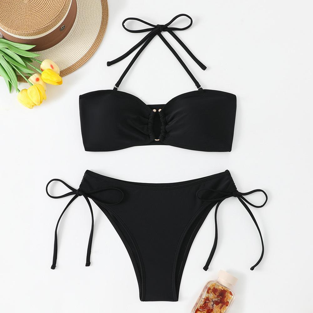 Sexy Bikini-Set mit Kordelzug an der Seite, High Waist, 2026, Damen, Blau Schwarz, Metall V-Bügel, Push-Up-BH, Badeanzug, Strandbadeanzug, Bademode