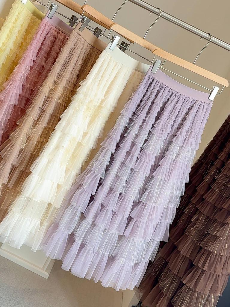 Super Fairy Mesh Patchwork Lurex A-Line Cake Skirt – 2025 Spring/Autumn Fluffy Mid-Length Tulle Skirt