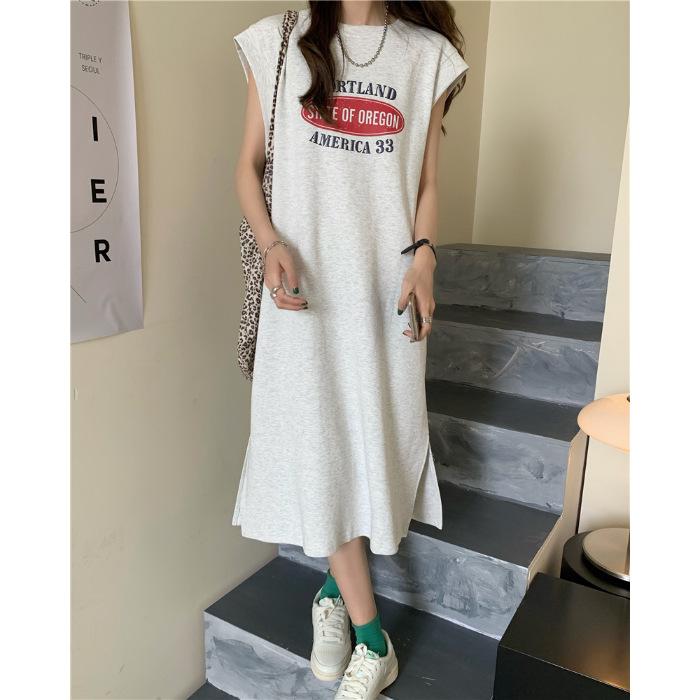 

Платья без рукавов Летние женские свободные повседневные платья-футболки Длинные платья больших размеров 2XL светло-серый