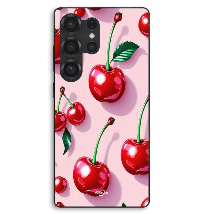Coque de téléphone - MANIACASE - Samsung Galaxy S25 Ultra - Cerise rouge - Motif cerise (fond rose) - Silicone TPU