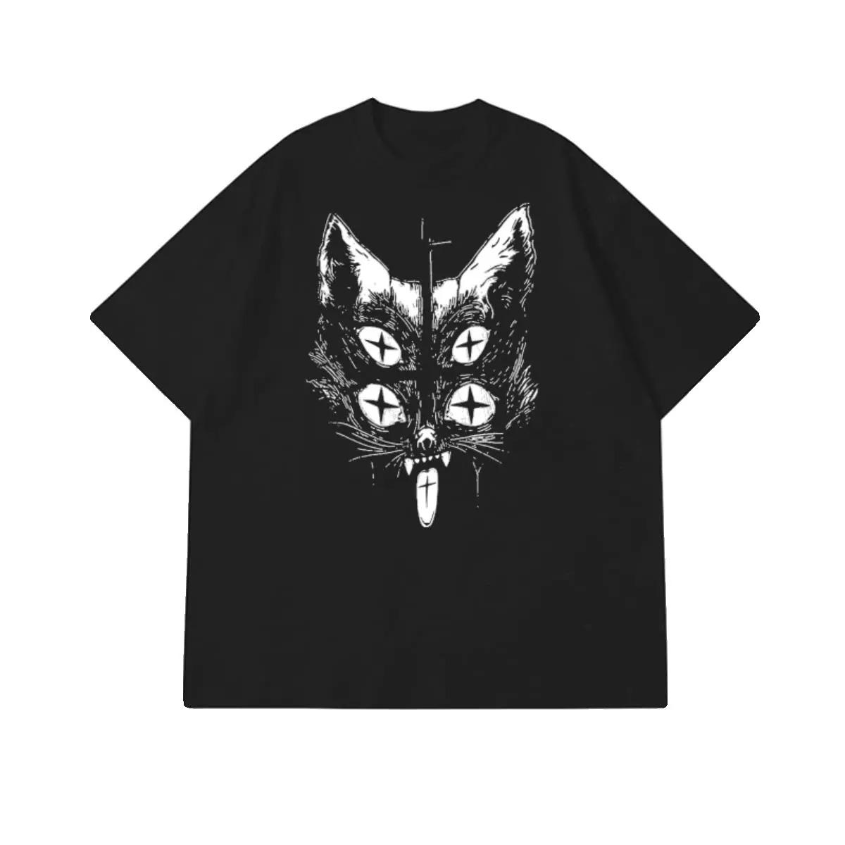 

Gothic Style Tshirt American Pure Cotton Darkthemed Psychedelic Cat Shortsleeved Mens and Womens Trendy Brand Loose Fit - Men... S разноцветный