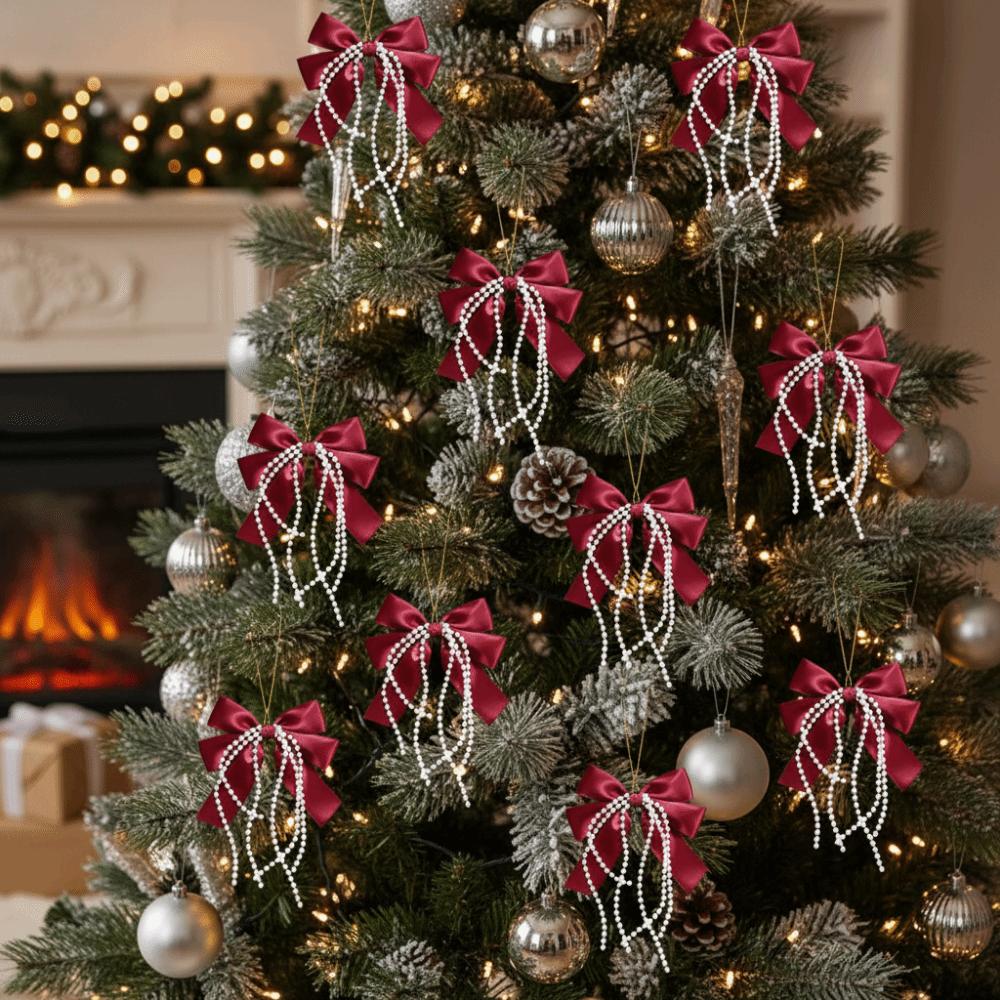 12Pcs/Set Elegant Bowknot Pearl Hanging Pendant Christmas Tree Ornaments Xmas Party Supplies