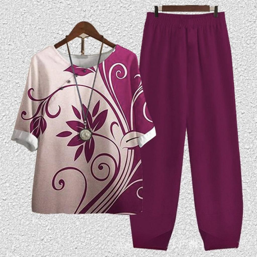 Women's Loose Fit Floral Printed Two Piece Outfit Half Sleeve T-Shirt Elastic Waist Pantsuit