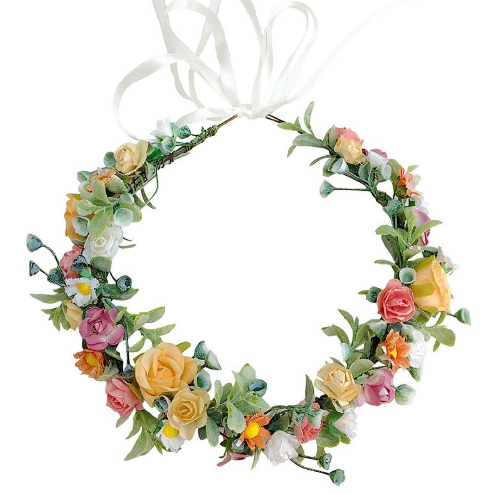 Elegant Rose Floral Floral Crown Headband Ribbon White Flower Bridal Garland Green Leaf Floral Wreath Headband Girls Women