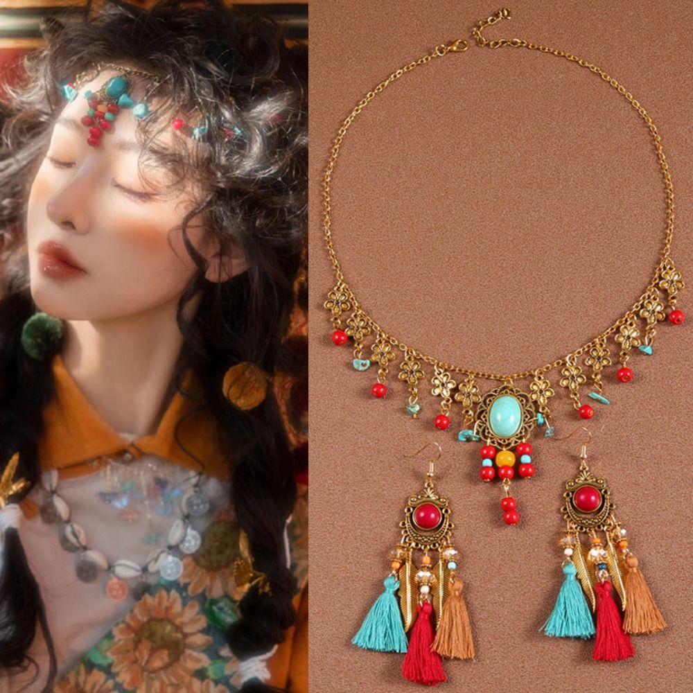 Earring Bohemia Hair Chain Exotic Headbands Beads Tassels Headbands  Festival Head Jewelry