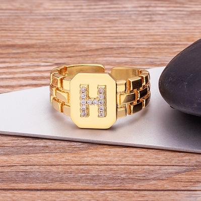 New Arrival Fashion Gold Color Initial Ring Open Design Adjustable Hot Sale Watchband Chain A-Z Letters Zircon Rings For Women