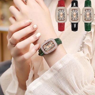 New Luxury Watch Women's Square Rose Gold Watch Green Leather Fashion Watch Women's Quartz Clock Gift