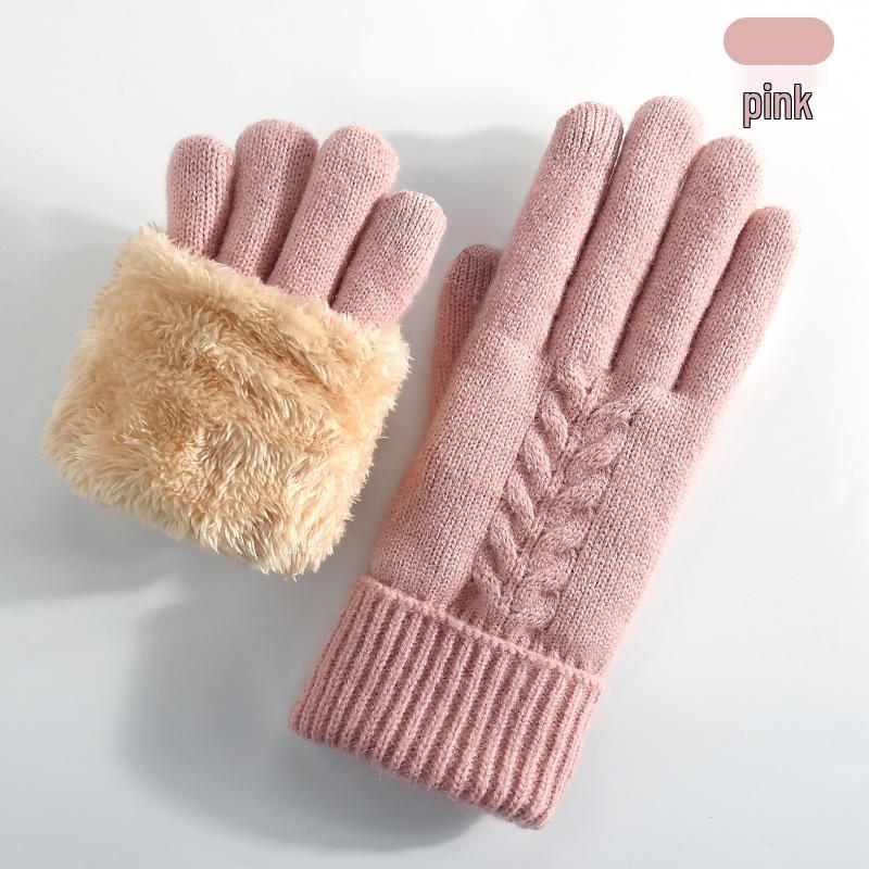 Women's Winter Knitted Touchscreen Gloves - Double-Layer Fleece-Lined, Thick Warm for Outdoor Cycling