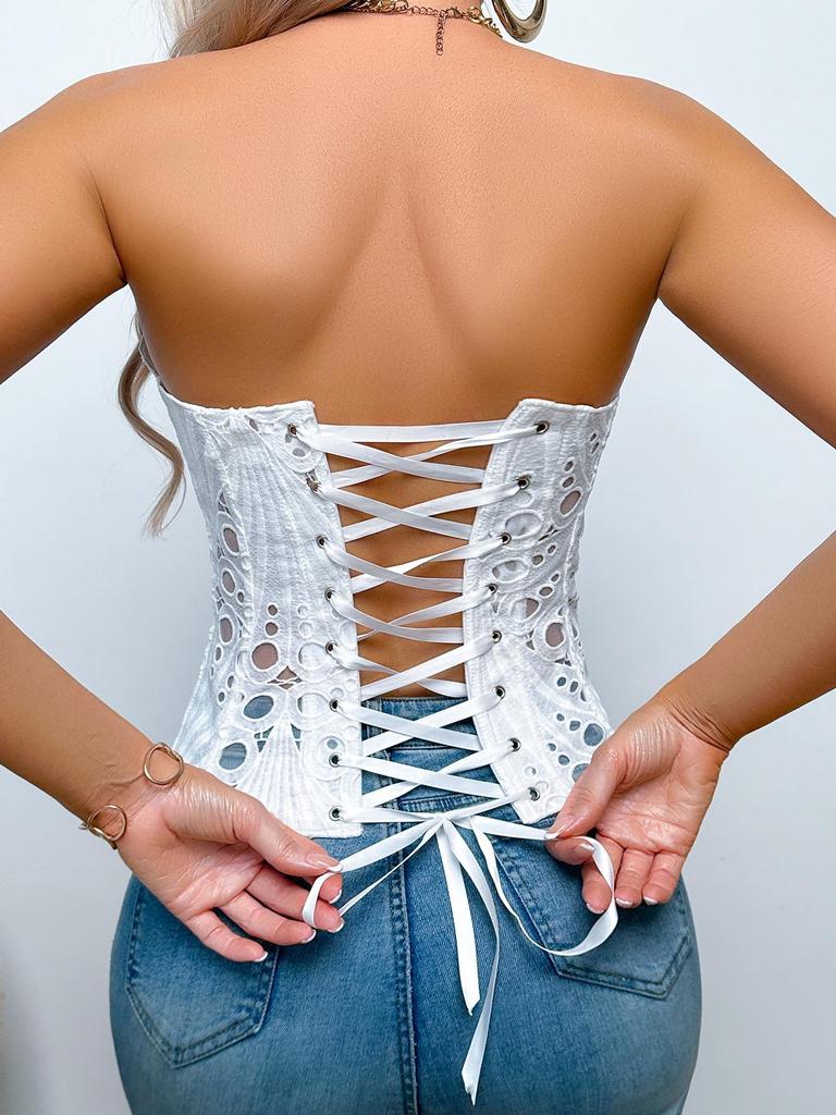 European & American Lace Corset: Hollow-Out Fishbone Bustier Top with French Print