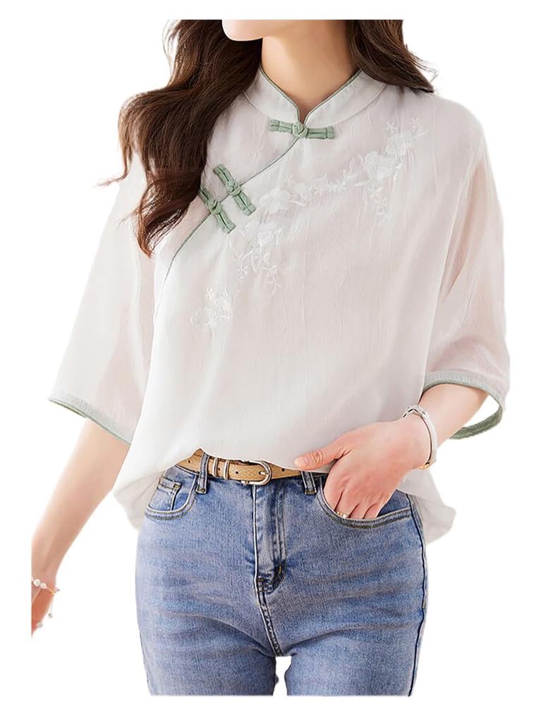 Atopddan Short Sleeve Chinese Button Summer Chiffon Blouse with Casual Top for Work or Casual Size XL Women's Shirt, Embroidery, Wear, White,