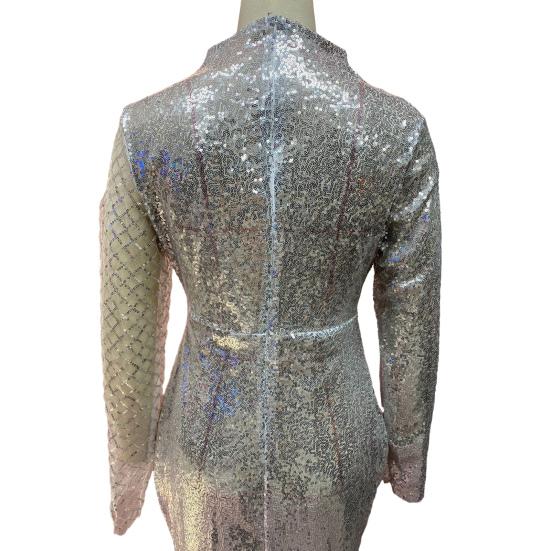 Women's Sexy Sequin Dress Shiny High Neck Floor Length Prom Dress Slim Fit Long Sleeve Hollow Out Evening Dress