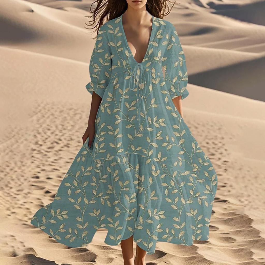 Women's Summer Fashion V-Neck Beach Long Dress Vintage Floral Printed Lace-Up Splicing Dresses