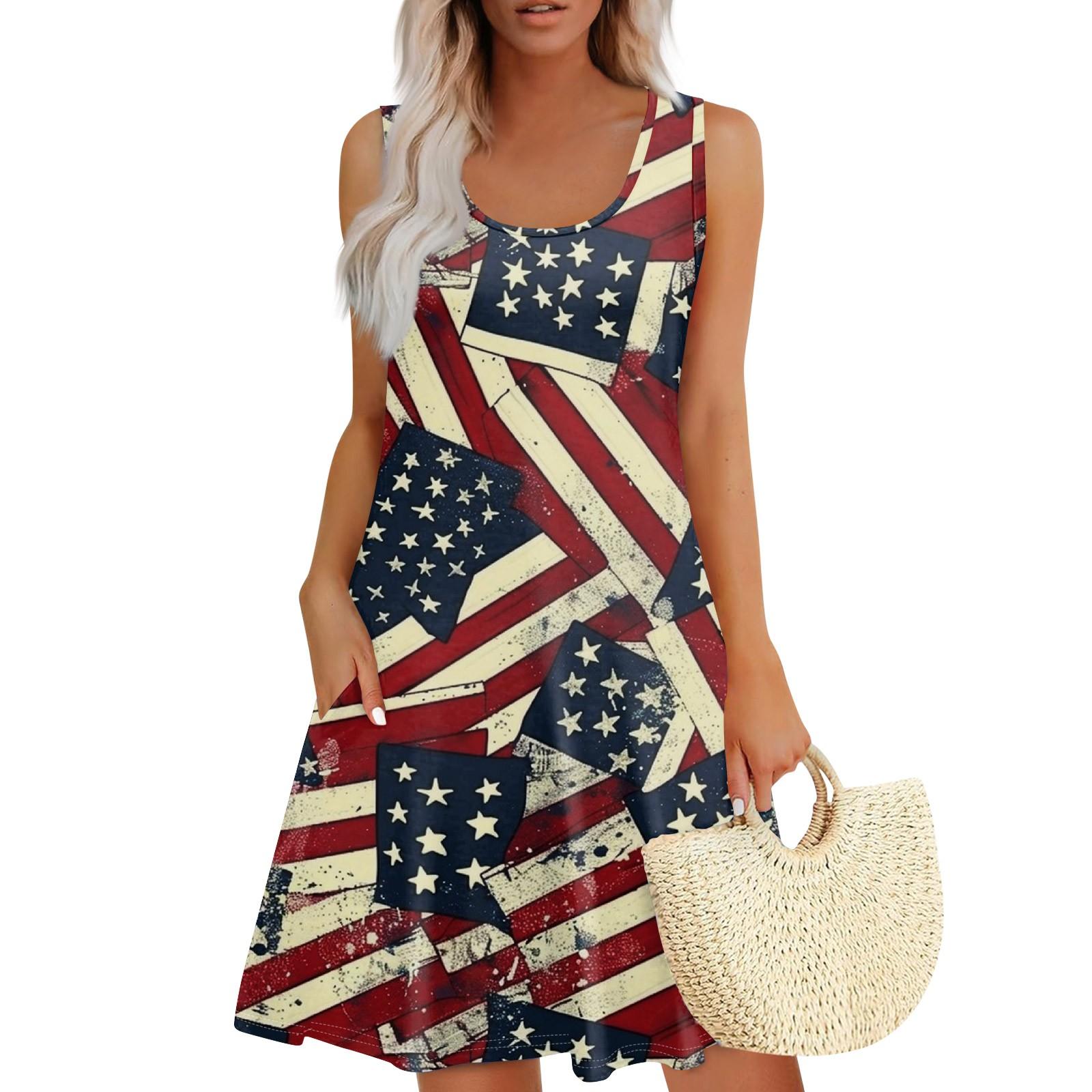 

Женское летнее повседневное платье с квадратным вырезом и принтом «День независимости» Платье без рукавов с карманами S