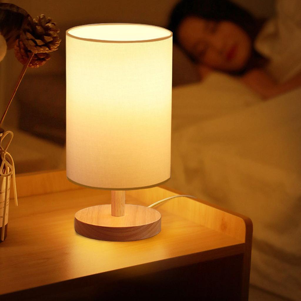 Simple Bedside Table Lamp Dimmable LED Retro Fabric Wooden Bedside Nightstand Lamp for Bedroom
