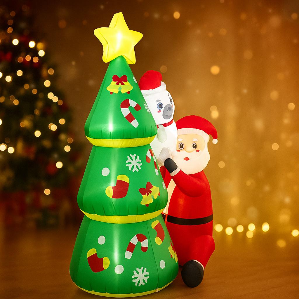 5.91FT Inflatable Toy Santa Polar Bear Christmas Tree LED Lights Festive Gifts Xmas for Yard Supplies Home Decoration Ornaments