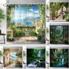 Mediterranean Forest Waterfall Natural Landscape Shower Curtain Polyester Fabric Washable Bath Curtain Bathroom Decor With Hooks