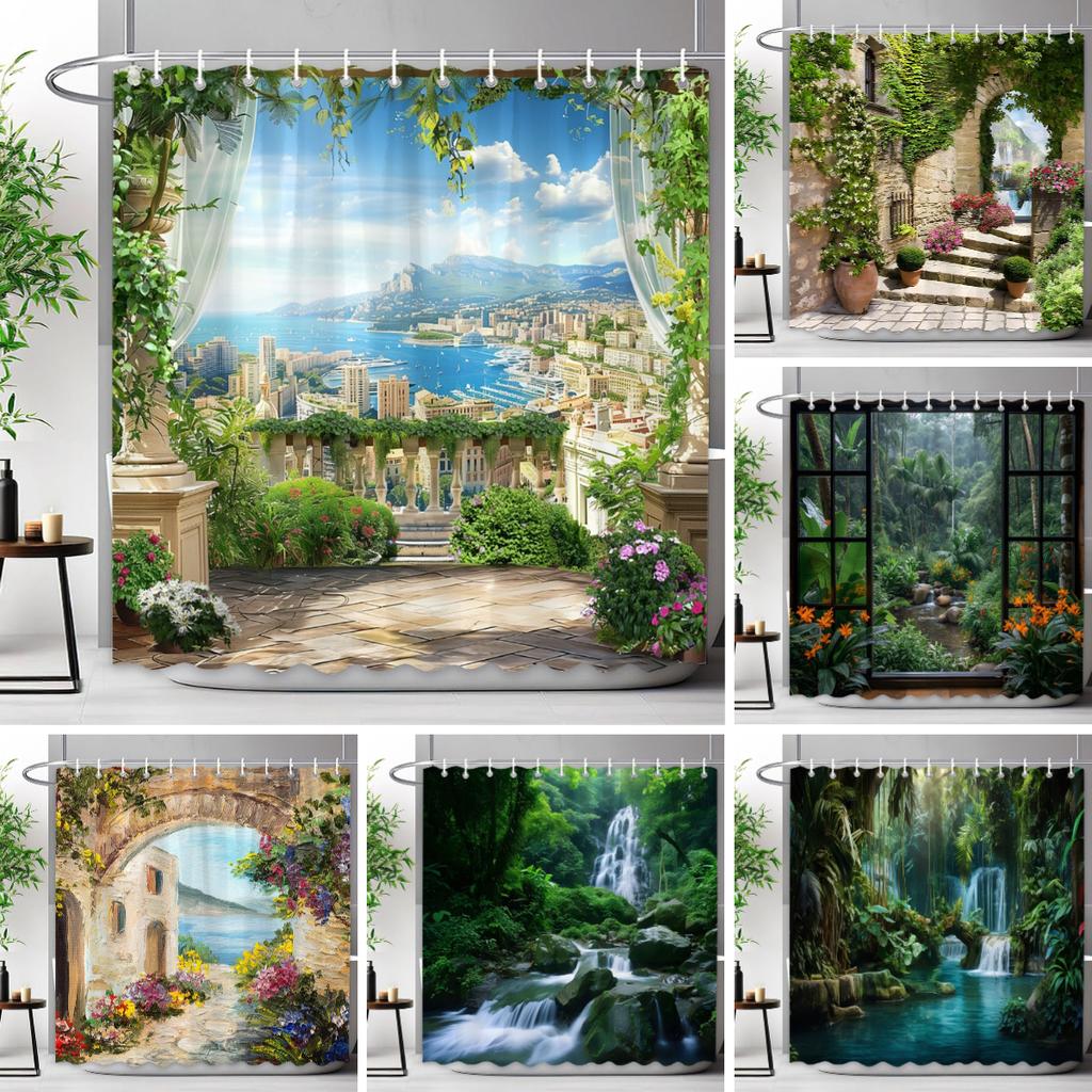 Mediterraner Wald Wasserfall Naturlandschaft Duschvorhang Polyesterstoff Waschbar Badvorhang Badezimmer Dekoration Mit Haken