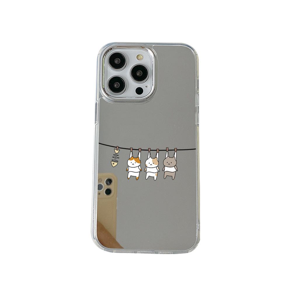 Japanese and Korean Cartoon Cute 16promax Mobile Phone Case Stacked Cat iPhone17 Cute Pet 12 High-end Makeup Mirror Case