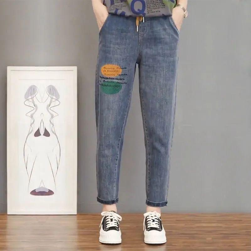 

Эластичные джинсы женские новые вышитые с высокой посадкой свободные повседневные брюки гаремы 3XL
