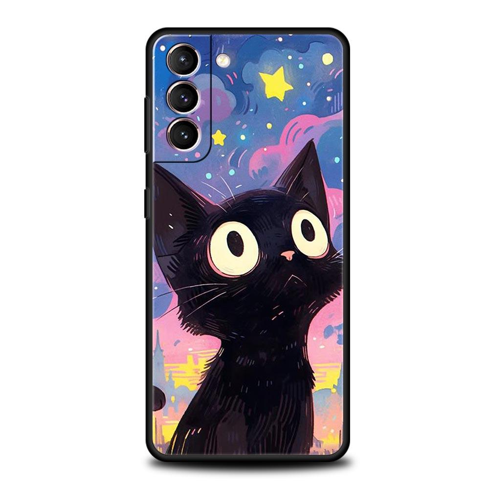 Artistic Black Cat Starry Night Phone Case For Samsung Galaxy S25 Edge S24 Plus S23 FE S22 S21 S20 Ultra 5G S10 Protect Cover