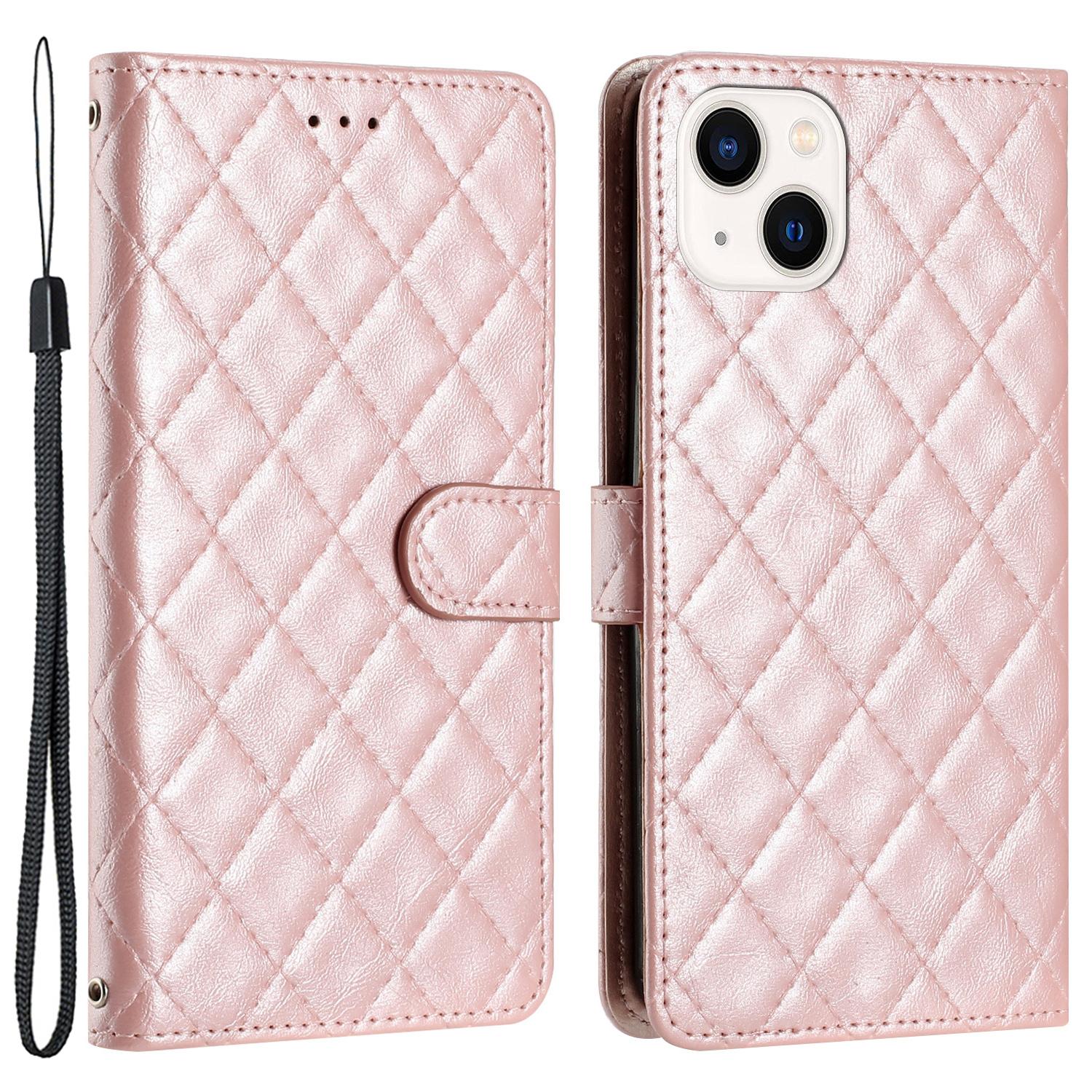 

Phone Cover for iPhone 14 Plus,TPU+PU Leather Wallet Shell Flip Stand Stitching Line Rhombus Texture Phone Case Rose Gold