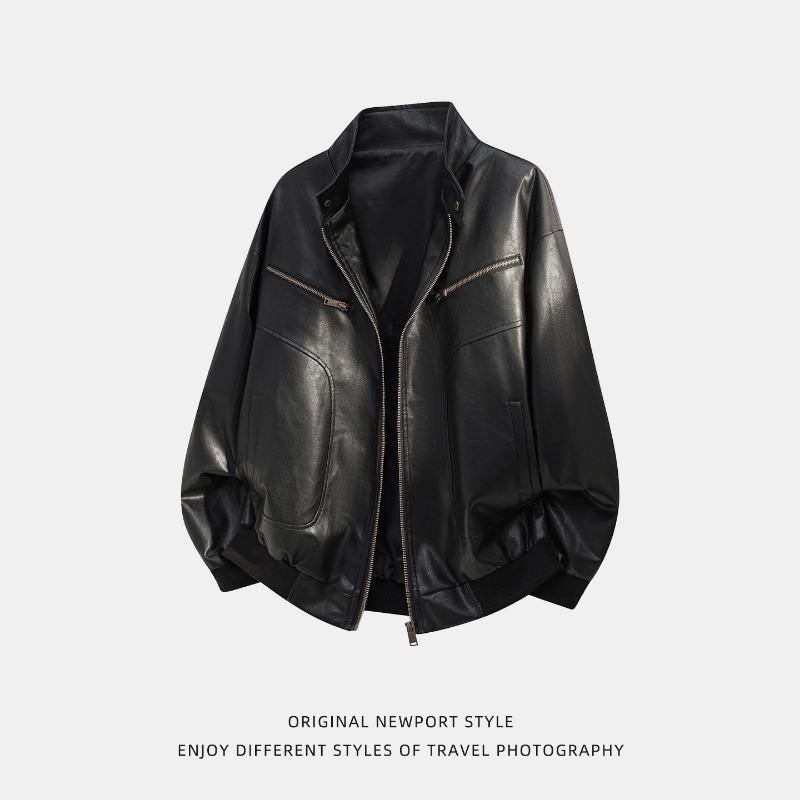 Men Vintage Loose Stand Collar Windproof Motorcycle Jacket Autumn