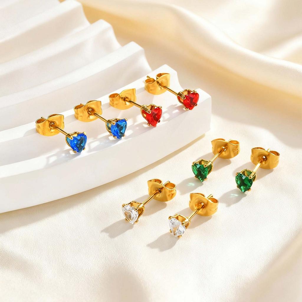 Exquisite Colorful Crystal Zircon Heart Stainless Steel Small Stud Earrings for Women, Hypoallergenic Luxury Jewelry Gift