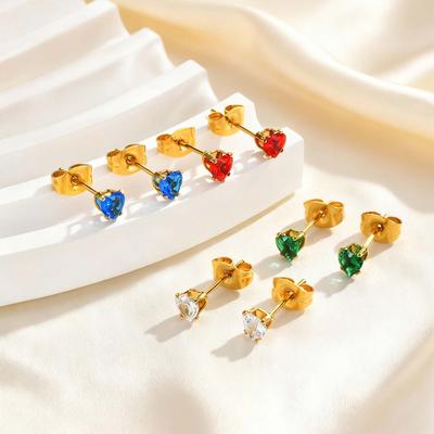 Exquisite Colorful Crystal Zircon Heart Stainless Steel Small Stud Earrings for Women, Hypoallergenic Luxury Jewelry Gift