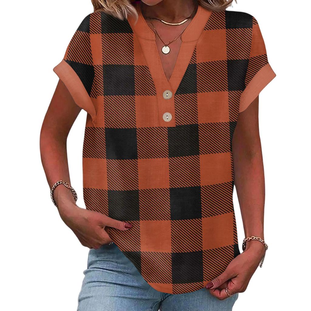 Women's Casual Fashion V-Neck Button Plaid Printed Short Sleeve Top