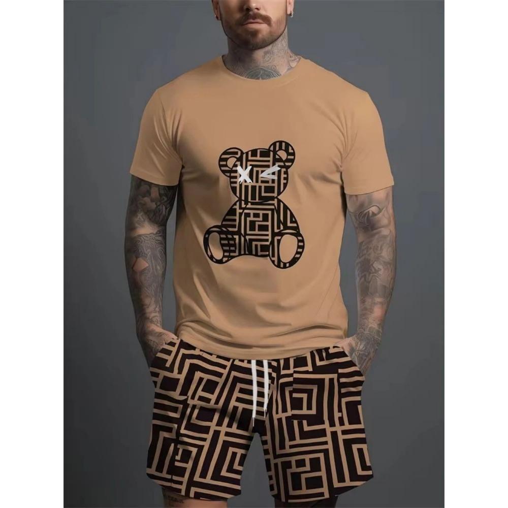 Men's Daily Casual Set Outdoor Casual Men's Beach Shorts Urban Trend Bear Print Short Sleeved T-shirt Lightwe