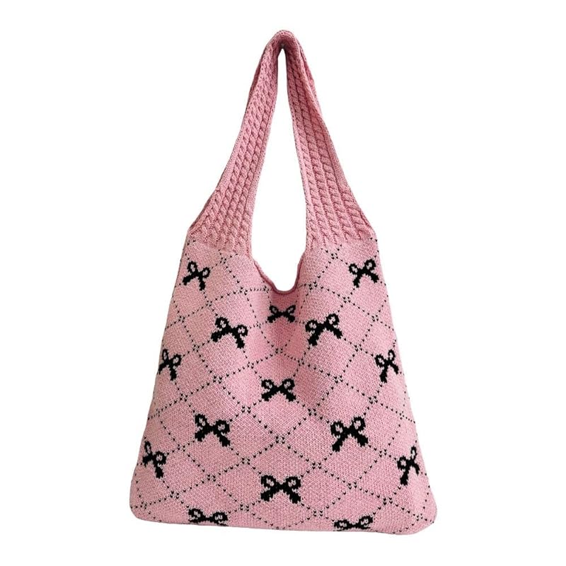 

[Qicarkey] fashion bowknot pattern crochet tote bag aesthetic bag summer beach/travel bag large capacity Y2K fairy grunge ladies Hobo bag (Pink) with