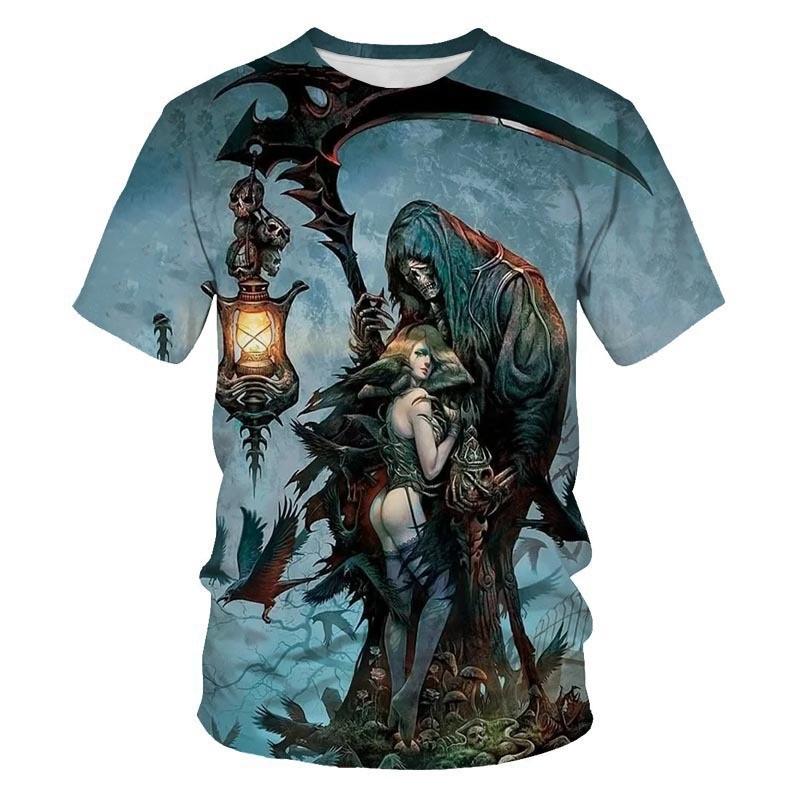 2026 Mens Streetwear Graphic Tee 3D Skull Print Loose Fit Crew Neck Short Sleeve Cotton T-Shirt