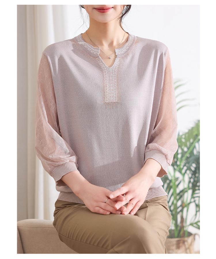 Mom's Spring Gauze Knit Top - Breathable Seven-Sleeve T-Shirt for Middle-Aged and Elderly Women