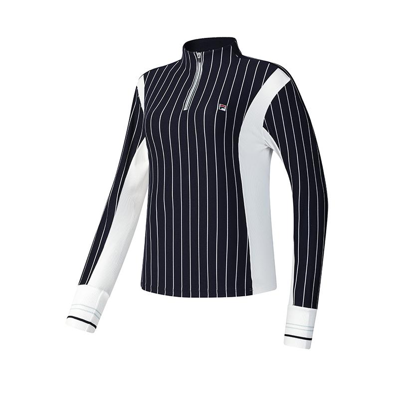 FILA Color Block Slim Fit Striped Stand Collar Long Sleeve T-Shirt Women tops A11W513216FZA