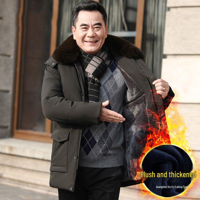 Men's Mid-Length Winter Jacket with Fleece Lining – Warm Down Cotton Coat for Middle-Aged and Elderly Dads