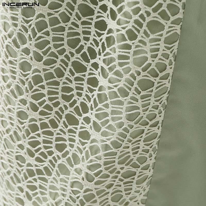 INCERUN Oversized Men Lapel Neck Short Sleeve Crochet Casual Loose Shirts