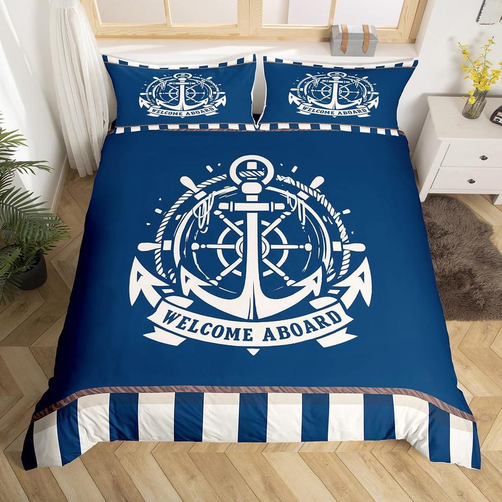 Nautical Anchor Duvet Cover,Geometric Stripes Anchor Bedding Set Twin For Boys Girls Room Decor,Ocean Adventure Comforter Cover
