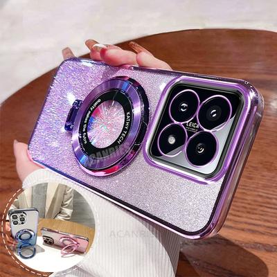 Xiaomi14t Luxury Glitter Plating Holder Silicone Case On For Xiaomi Mi 14t Pro 13t 11t 14 13 12 11 Lite 4g 5g Mi14t Stand Cover