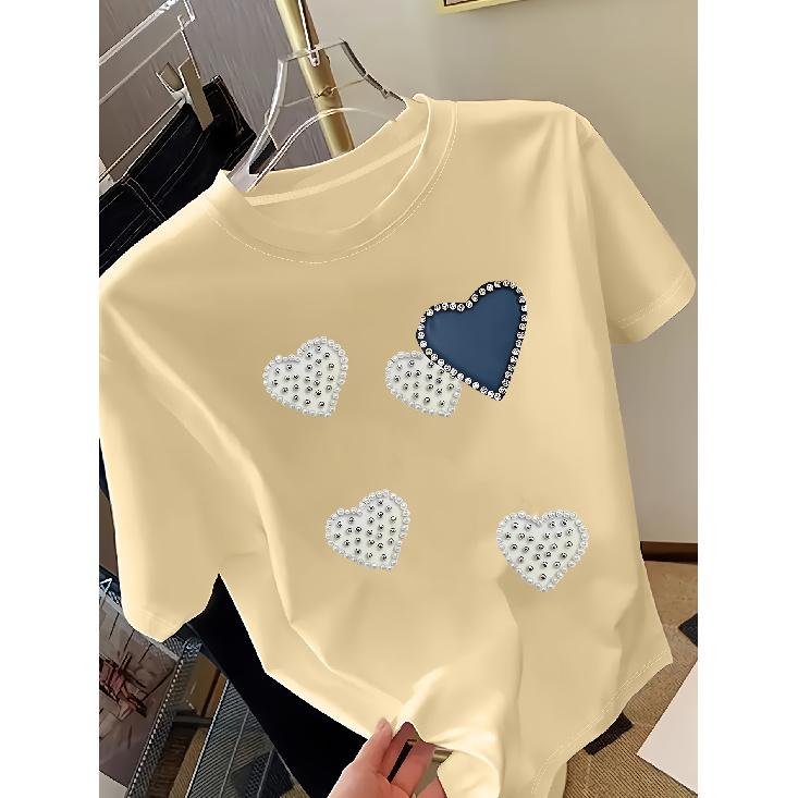 Pearl Heart Print Round Neck Women's Short Sleeve Top T Shirt Spring and Summer Luxury-style Women's Tops