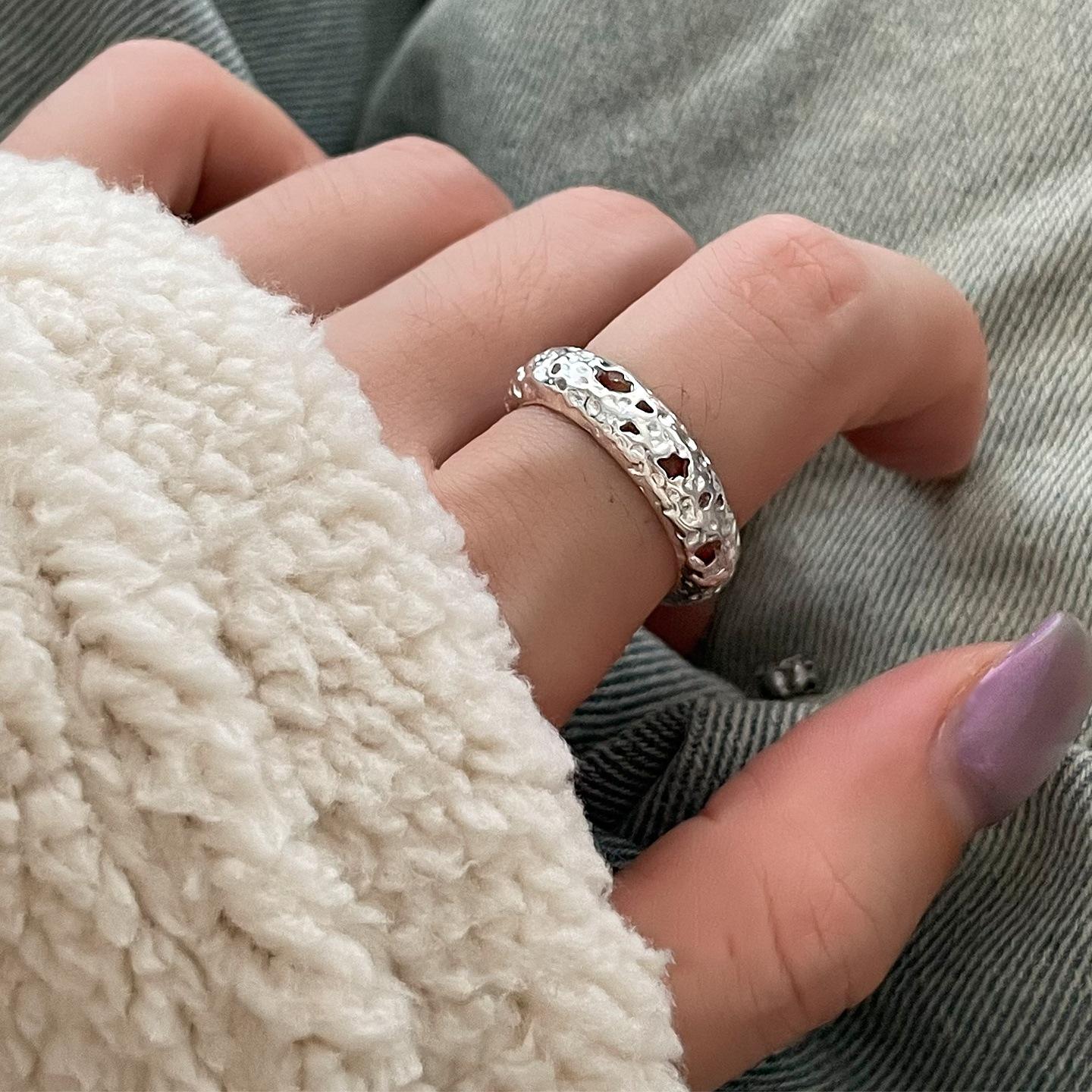 

PANJBJ 925 Sterling Silve Black Agate Ring for Women Punk Irregular Hollow Out Liquid Lava Adjustable Jewelry Gift Dropshipping