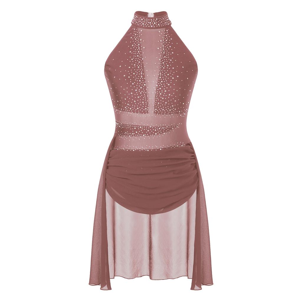 Womens Lyrical Dance Performance Costume Glittery Rhinestone Backless Dress Mock Neck Sleeveless Mesh Leotard Dresses
