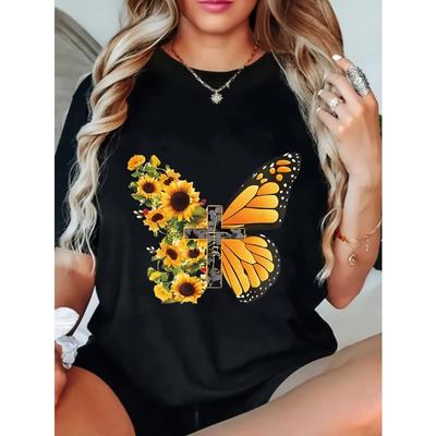 T-shirt Casual da Donna Stampa Girasole Nero e Farfalla Vestibilità Larga Top Outfit Estivo