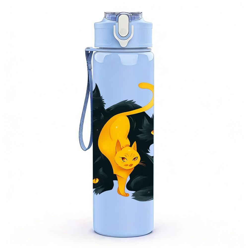 1PC Dual Black Yellow Cats Art 750ml Color Plastic Sports Water Bottle Leakproof Flip Straw Lid Suitable for Sports Office Home Use