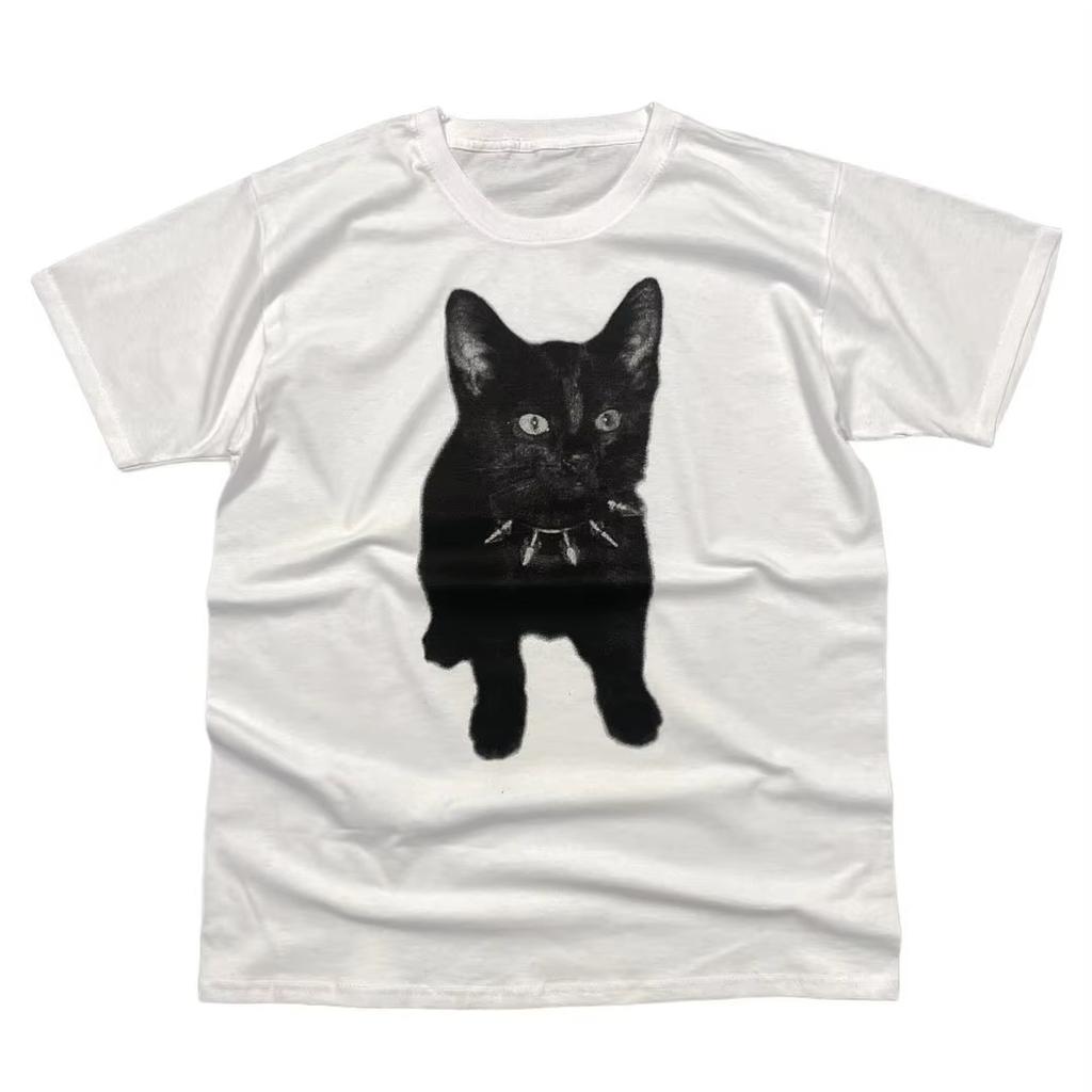 Y2k Cute Cat Graphic Print Crop Top Short Sleeve Vintage Grunge Aesthetic T Shirts Women Harajuku Aesthetic Baby Tee Clothes Emo