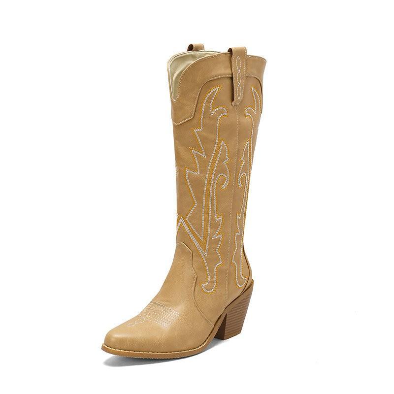 Womens Retro Embroidered Western Cowboy Boots Chunky Heel Color Block Knee High Fashion